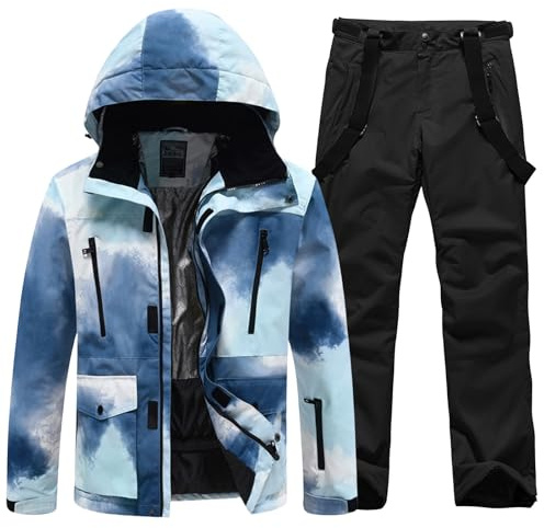 HOTIAN Traje de nieve para hombre Chaqueta de esquí y pantalones conjunto invierno cálido nieve esquí conjuntos para senderismo escalada aislado snowboard, 7Blue+Black, XL
