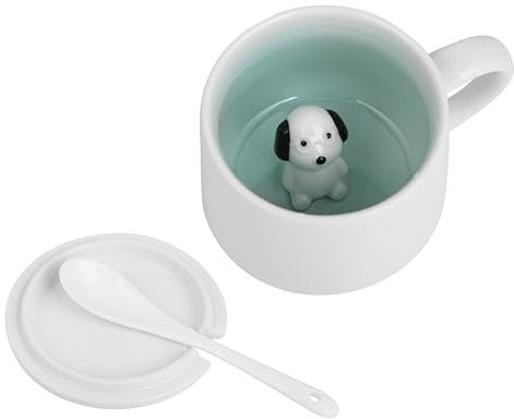 Taza de cerámica con diseño de perro 3D, hecha a mano, con tapa y cuchara, taza de café personalizada, regalo de cumpleaños o vacaciones perfecto para mujeres, niñas, amigos (perro)