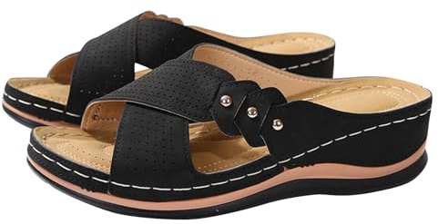 Sandals for Women Orthopedic Sandals Arch Support Ladies Strappy Crossover Sandals Wide Fit Walking Sandals Ladies Sandals for Plantar Fasciitis Wedge Heel Slip On Sandals Summer Sliders Casual Shoes