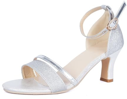 MASHANGGOU Sandalias de tacón alto sexy para mujer, con correa de purpurina, sandalias de tacón medio, sandalias de boda para novia, plata, 38 EU Ancho