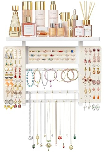 Emfogo Jewelry Organizer Hanging Wall Mounted Jewelry Holder, 5-in-1 Large Capacity Necklace Organizer Wall Hanging Jewelry Display for Ring, Necklaces, Bracelets, Earrings (White)