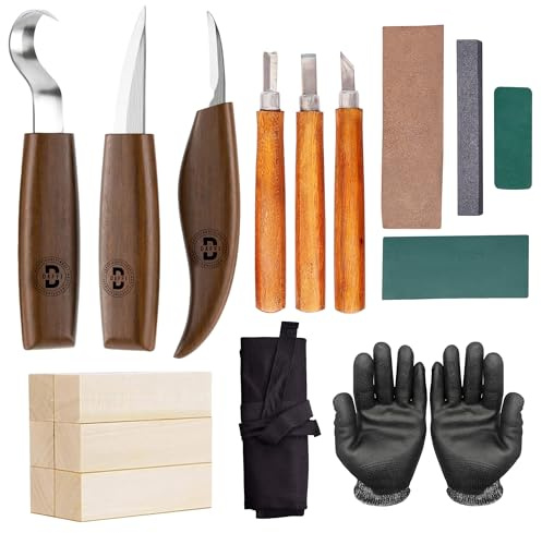 18 PCS Wood Carving Kit – Complete Whittling Tools Set with 6 Basswood Blocks, 3 Carving Tools, 3 Chisels, Cut Resistant Gloves, Leather Strop & Sharpening Stone in Roll‐Up Tool Bag