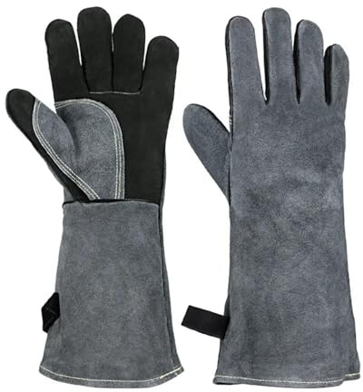 TIEOAXFT Guanti da Saldatura Guanti da Barbecue in Pelle di Vitello da Saldatore da Lavoro Grill BBQ Garden Protettivo Resistente al Calore Manica Lunga