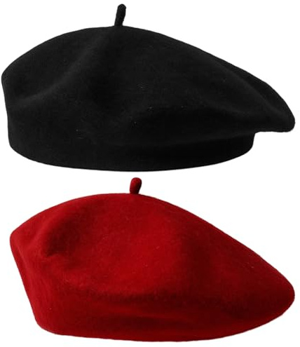 DXPETA 2 Pcs Classic Wool Berets for Women, Beret Hat Women, Stylish French Beret Hats with Autumn Candy Colour Painter Octagonal Beret (Red Black)