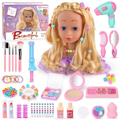 LumenVela Testa Bambola da Truccare e Pettinare, 66 Pezzi Testa da Pettinare Bambina, Bambola da Truccare Regalo di Compleanno, Natale per Bambini a Partire Dai 3 Anni (Viola)