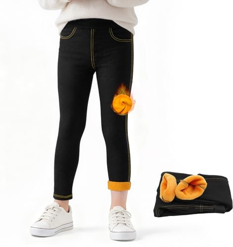 Tokeya Legging Polaire Filles Denim Thermique Doublés Molleton 4-12 Ans | D'hiver Chaud Pantalon, Couleur Unie, Élastique Jeans Legging Thermique, Enfant Longueur Pants avec Poche, Hiver Vêtements
