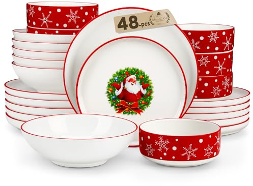 MALACASA 48-Piece Christmas Dinner Sets for 12 People, Santa Claus Ceramic Plates and Bowls Set with Dinner Plates/Dessert Plates/Soup Bowls/Cereal Bowls, Holiday Tableware for Family Gatherings