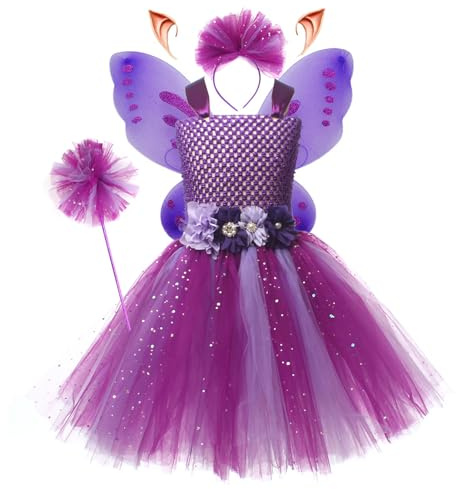 Prinsessa blomklänning – 300 g andningsbar kostym, 5-delat set, älvvvingar med matchande pannband | födelsedagsfest outfit för flickor i åldrarna 2-12, förbättrad uppklädningsupplevelse som stödjer