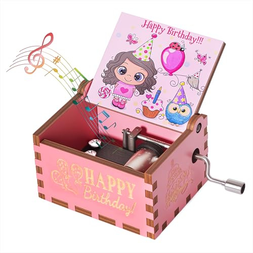 Qzakce Wood Music Box Laser Engraved Vintage Wooden Hand Crank Pink Musical Boxes Birthday Gift for Friend Family Wife Girlfriend, Happy Birthday