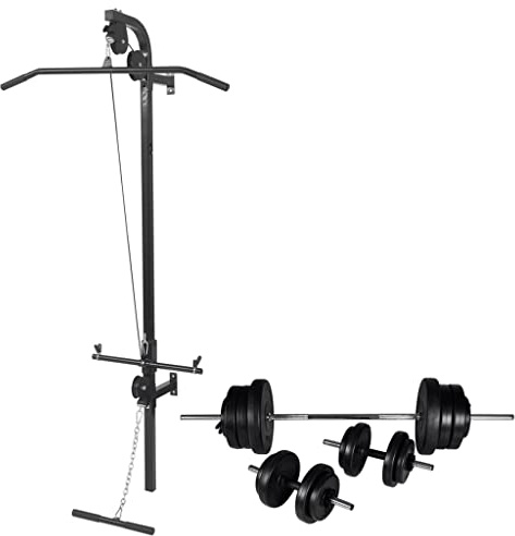 Kraftstation für effektives Training mit Latzugturm aus robustem Stahl für 120kg und 60,5kg Hantelset inklusive Langhantel und Kurzhanteln zur Wandmontage