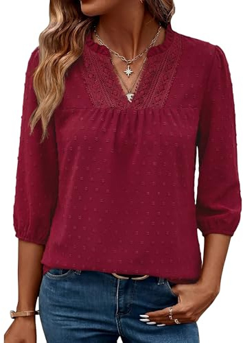 iWoo Womens Lace V Neck Boho Blouse Textured 3/4 Sleeve Summer Casual Top | Swiss Dot Blouse, V-Neck Lace Trim, Elegant 3/4 Puff Sleeves, Loose Tunic Top, Casual Fall Top,Machine Washable for Easy Care