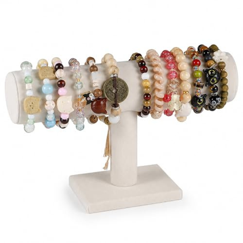 TENINYU Hovering T-Bar Bracelet Necklace Earring Bangle Pendants Anklet Tower Watch Key Jewelry Display Stand for Home Organization (Beige Velvet)