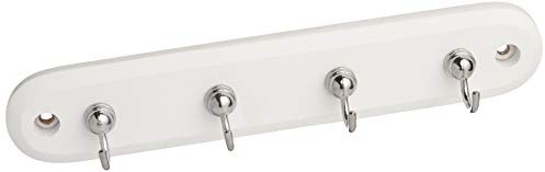 Spectrum Modern Key Holder Wall Mount Rack for Entryway Garage Mudroom Hanging Organization, Easy Install Contemporary Key Ring Holder Rack for Keychains Rings and Fobs, White Wood with Chrome Hooks