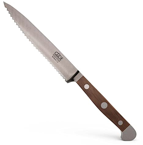 GÜDE Solingen - Cuchillo para tomate con sierra forjado, 13 cm, madera de nogal, ALPHA-WALNUT - doble virola, Hecho a mano en Alemania