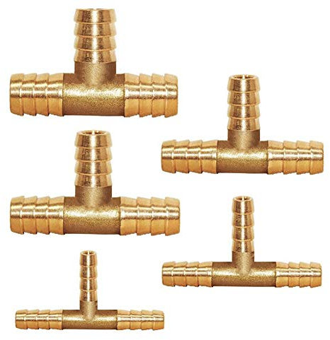 YIXISI 5 PCS 6/8/10/12/14 mm Repair Connector, 3-Way T-Piece Fuel Hose Barbed Joiner Adapter for Fuel, Air, Water, Gas, Oil - Brass Construction