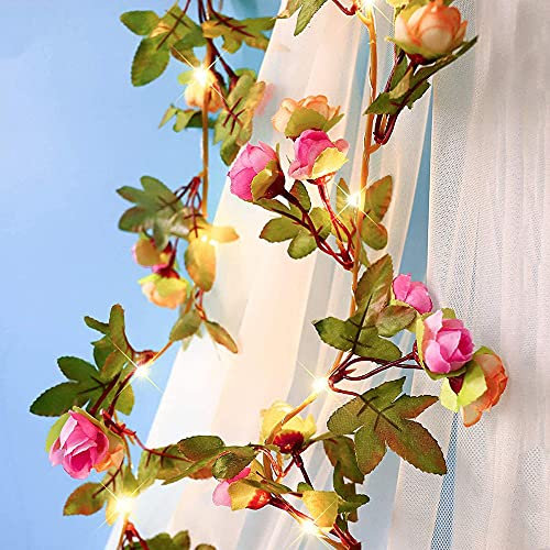 buywin Rose Bud Garland Fairy Lights with Timer, Artificial Flower LED Garland String Lights Battery Powered Rose Light Strings for Christmas Wedding Bouquets Party Home Window(Pink)