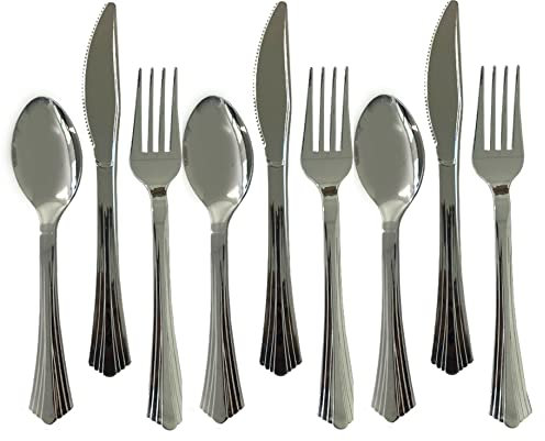 Set di posate in plastica argento metallizzato, set da tavola in acciaio inox, forchette da tavola, cucchiai, coltello per feste, matrimoni, dessert, picnic, barbecue, Natale, da giardino, da cucina