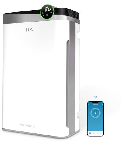 RIA Purificador de aire inteligente BreezeGuard 2 en 1 con humidificador integrado, limpiador de aire de grado industrial, para hogares grandes de hasta 2500 pies cuadrados, control remoto de