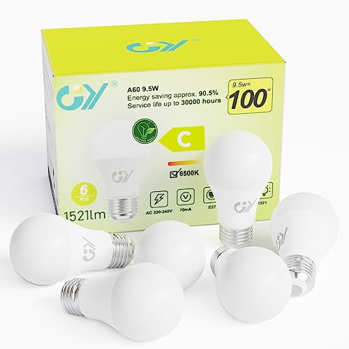 GY 9.5W Bombillas Led E27 Luz Fría 6500K, 1521 Lúmenes, No Regulable - Clase C Bombilla Bajo Consumo, A60 Bombilla E27 Casquillo Pack de 6