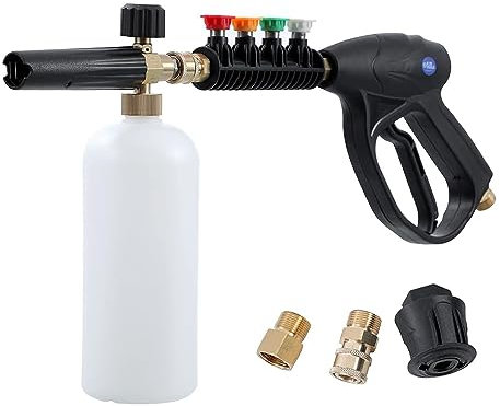 Aim Tools High Pressure Washer Gun Snow Foam Lance Cannon 1L Soap Dispenser Bottle with 4 Spray Nozzle Tips, M22 14mm Fitting and Quick Connect Adapter Fits Karcher, Car Jet Washer Washing Kit
