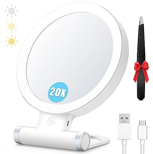 MIYADIVA Magnifying Mirror with Light, 20x Makeup Mirror with Light for Plucking Eyebrows, 3 Colors and Adjustable Brightness, Touch Switch, For people over 40 and hyperopic patients