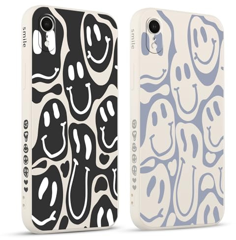 Pnakqil 2 Pièces Coque pour iPhone XR 6,1, Etui avec Visage Souriant Joyeux Mignon Amusante Peint Dessin Latéral Mignon Case Souple Silicone Housse Téléphone Antichoc en Souple Fille Cover