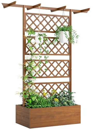 Outsunny Wood Planter with Trellis, Raised Garden Bed Privacy Screen Planter Box to Grow Vegetables, Herbs and Flowers for Garden, Patio, Deck, Orange