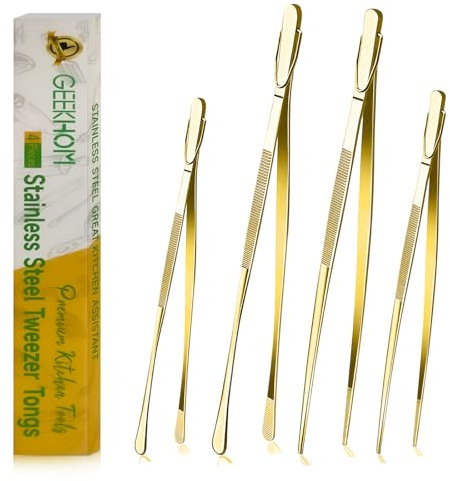 GEEKHOM Pinzette lunghe sottili, confezione da 4, 30,5 cm + 25,4 cm, pinzette da cucina professionali per cucinare, arrostire, cuocere, grigliare, friggere, barbecue, insalata, dessert, oro