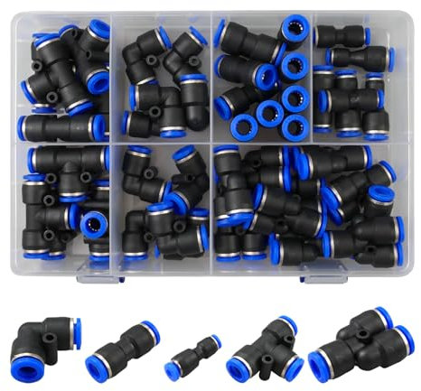 Inodiref 46 Pcs Connecteurs Pneumatiques - Raccord et Connecteur de Tuyau D'air en T (8-mm-Droit/8-mm-Coudé/8-T/4-6,4-8,6-8 mm-Réducteur)