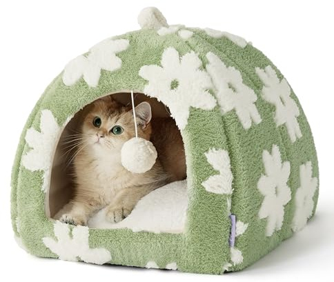 Lesure Cute Cat Beds for Indoor Cats - 2 in 1 Cat Cave Bed for Kittens and Small Pets with Removable Washable Cushioned Pillow, Cozy Ktten Tent with Non-Slip Bottom, Green, 16 inches