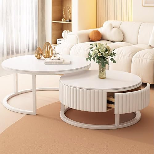 Redonda Mesa De Centro Blanca Con Cajón - Juego De 2 Mesas Nido Para Salón, Dormitorio, Oficina - Diseño Mármol Con Estructura De Metal