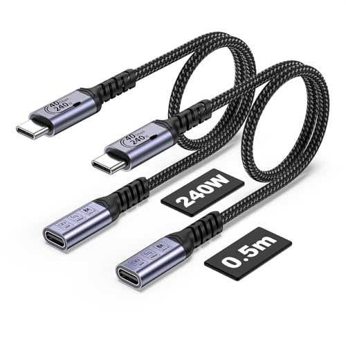 SUMPK Cable de extensión USB C 0.5m (2 paquetes/240W/40Gbps/8K), cable de extensión USB 4.0 corto, transmisión de datos de alta velocidad de 40Gbps masculino a femenino, pantalla de vídeo 8K