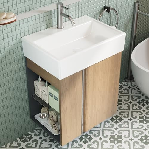 BRIDGE BENO Meuble De Salle De Bain 50 cm avec Vasque en Céramique pour WC Invités, Meuble Compact pour Petits Espaces, Golden Sand