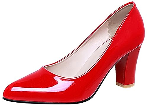 Lizoleor Decollete Donna Tacco Largo Alto Punta Scarpe Senza Chiusura Sposa Festa Business Eleganti Glitterato Vernice Rosso Numero 32 EU