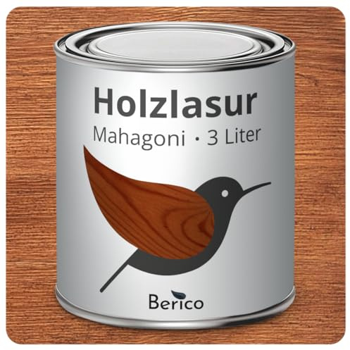 Berico Holzlasur - Mahagoni - 3 Liter Lasur - Wetterfeste Holzschutzlasur für Innen und Außen - Holzschutz, Wetterschutz und UV-Schutz