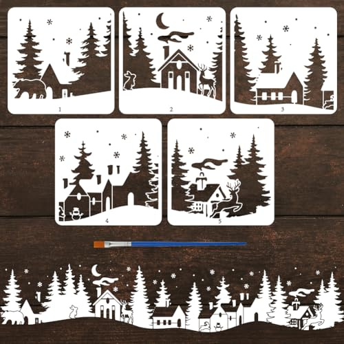 FINGERINSPIRE 5Styles - Plantillas de casa de bosque de invierno con un pincel, 30 x 30 cm, plantillas de pintura de pueblo de invierno, plantilla de Navidad para ventana, vidrio, PET, temas de