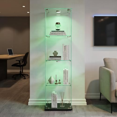 TIMORWTF vitrina de cristal con luces LED, armadura moderna, 4 estantes y puerta, vitrina para colección, dormitorio, salón y comedor, 163 x 40 x 35 cm, color negro