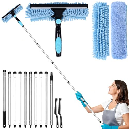 Kit Pulizia Vetri (asta 3,85 m), Tergivetro 2-in-1 con 10 aste telescopiche in acciaio inox, panni in microfibra e spazzole per fessure per finestre alte e vetri auto