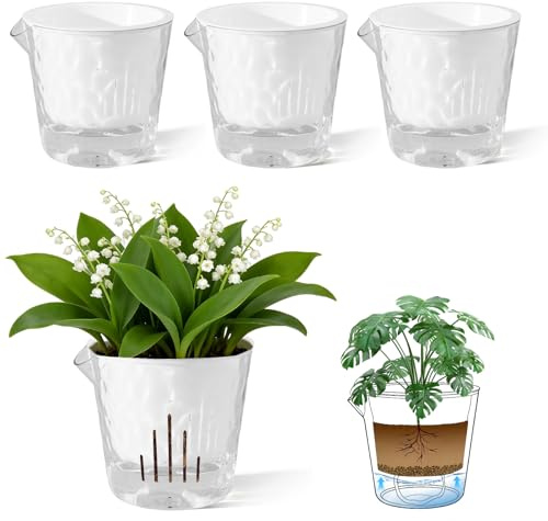 Yimomoyi 4er Set Kräutertöpfe Küche Selbstbewässernd, Blumentopf mit Bewässerungssystem, Selbstbewässerungstopf Groß mit Transparente Wasserspeicher, Basilikum Topf, Übertopf Set, Weiß