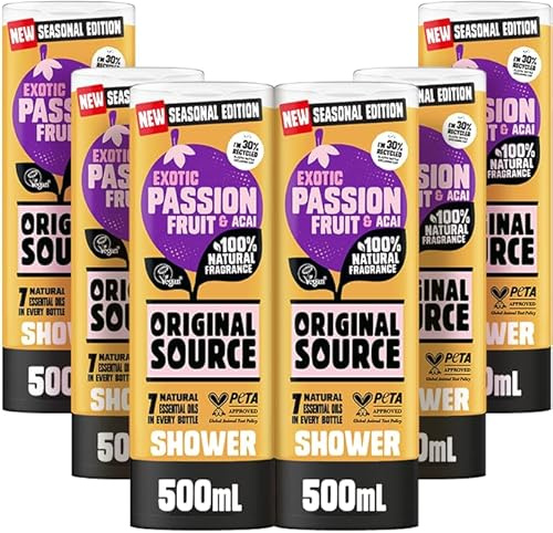 Original Source Passionfruit & Acai Shower Gel, Large Vegan Shower Gel, Paraben Free Body Shower, 100% Natural Fragrance, Multipack of 6 x 500ml