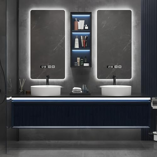 Tocador de baño de doble lavabo con espejos inteligentes y gabinete de cristal, diseño flotante de 84 pulgadas, incluye lavabo de encimera y encimera de pizarra