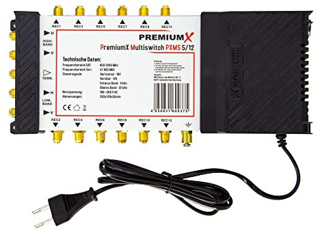 Premium X PXMS 5/12 Multischalter mit Netzteil Multiswitch 1 SAT bis 12 Teilnehmer Satverteiler Digital HDTV FullHD 4K UHD 8K