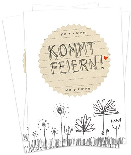 50 Einladungskarten - Kommt feiern! - Weiß Grau Beige mit Blumenwiese, vielseitige Einladungen für deine Hochzeit, Geburtstag, Jubiläum auf Recyclingpapier