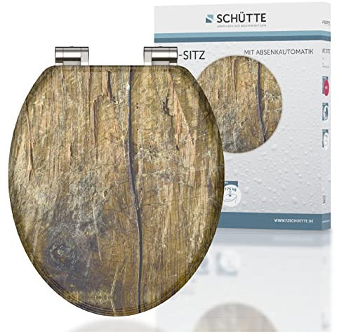 SCHÜTTE WC-Sitz Holzkern SOLID WOOD, Toilettensitz mit Absenkautomatik, passend für viele handelsübliche WC-Becken, maximale Belastung der Klobrille 150 kg, Motiv Holzoptik auf Brille und Deckel 80124