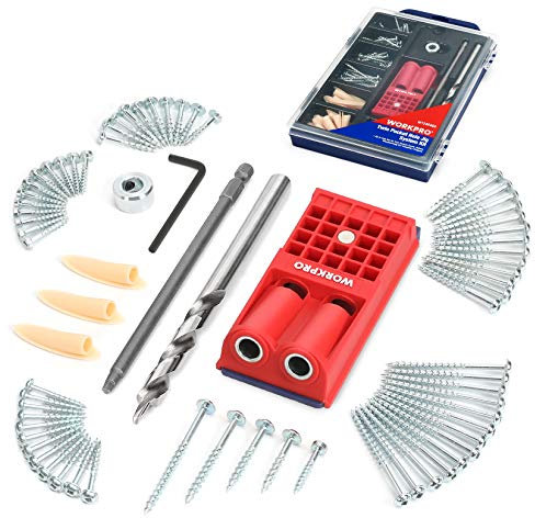 WORKPRO Komplettes Set für Taschenlochbohrer, 125-teilig, mit 100 selbstschneidenden Schrauben und 20 Kappen – Tischlerführung, schräge Lochpositionierer, ideal für Holzbearbeitung