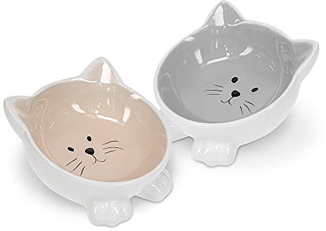 Navaris Set 2X Ciotola Gatto - 2 Scodelle in Ceramica per Animali - Vaschette per Cibo Secco e Umido - Pet Bowls Antiscivolo per Cani Gatti e Conigli