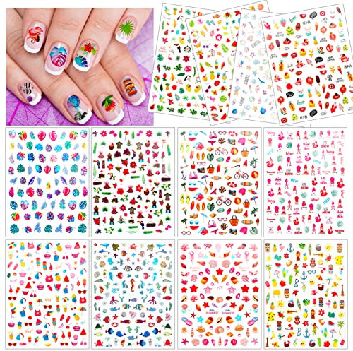 HOWAF 1200+ Sommer Nagel Sticker Set, 3D Nail Art Stickers Makeup Nageldesign Zubehör für Frauen Mädchen, Selbstklebend Hawaii Tropisch Flamingo Meerestier Palmen Hibiskus Blumen Tiki Nagelaufkleber