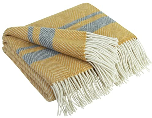 LYHome Merino Wool Blanket, Warm & Soft Throw for Bed & Sofa, 140x200 cm | 80% Merino 20% Nylon OEKO-TEX. Winter & Summer Blankets, Indoor & Outdoor - Couch, Camping, Car, All-Season. Mustard, Stripes