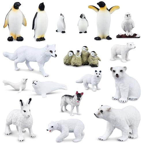 PLULON 17Pcs Polar Animals Figures Winter Animals Toys Penguin Polar Snow Bear Dolphin Christmas Miniature Figurine Toys for Kids Birthday Cake Topper Decorations Christmas Home Ornaments