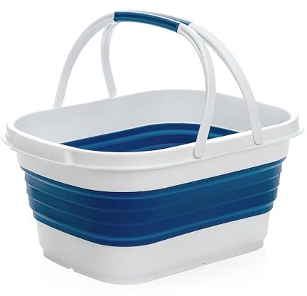 SAMMART 13L Faltbarer Korb mit Griff – Tragbarer Picknickkorb/Krater für den Außenbereich – Faltbare Einkaufstasche – Platzsparender Aufbewahrungsbehälter (White/Stone Blue)